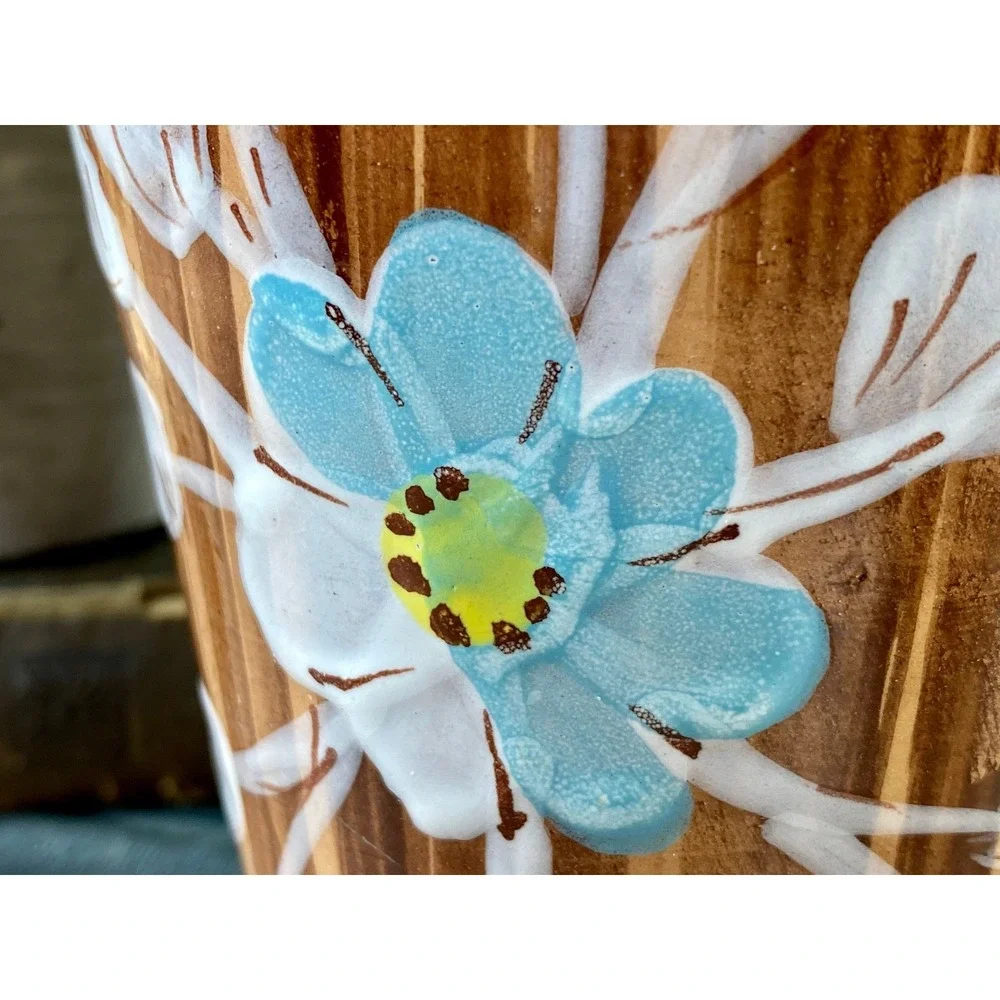 Italy Pottery Vase Wood Grain‎ Glaze Blue Flower Relief 8 Inch